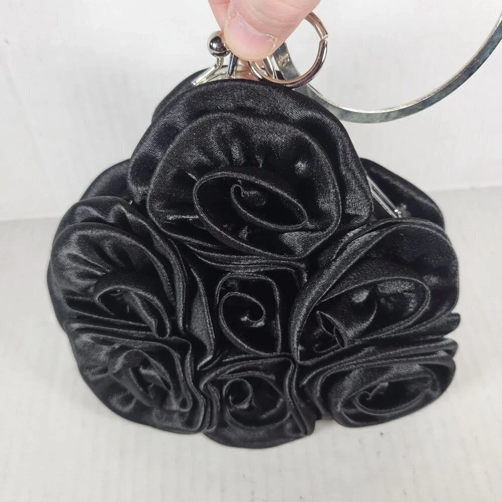 Black Satin Rose Classic Elegant Rhinestone Silver Handle Triangle Clutch Purse